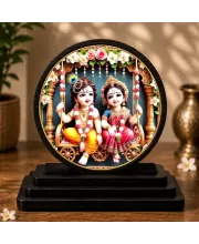 Premium Wooden  Lord Radhe Krishna Showpiece For Car Dashboard & Office Table | 4 X 4.5 Inch Sublimation Printed Decorative Stand | 4 Mm MDF | Home Decor | Made In India (F33538)