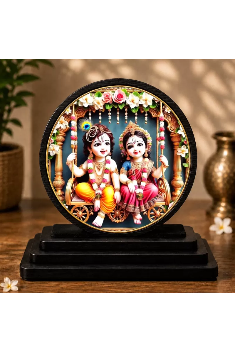 Premium Wooden  Lord Radhe Krishna Showpiece For Car Dashboard & Office Table | 4 X 4.5 Inch Sublimation Printed Decorative Stand | 4 Mm MDF | Home Decor | Made In India (F33538)