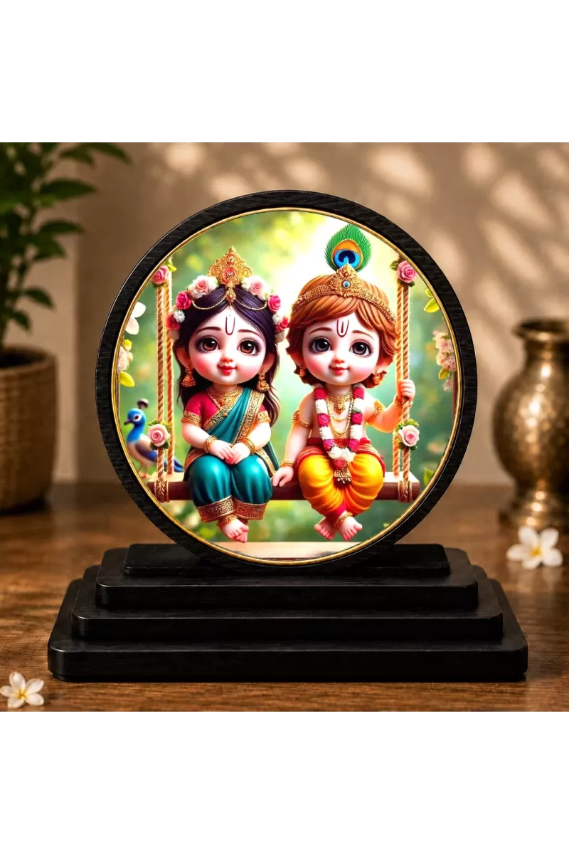 Premium Wooden  Radha Krishna Showpiece For Car Dashboard & Office Table | 4 X 4.5 Inch Sublimation Printed Decorative Stand | 4 Mm MDF | Home Decor | Made In India (F33539)