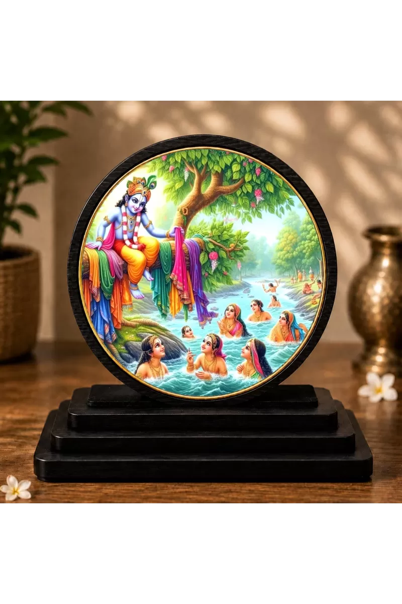 Premium Wooden Gopi Vastraharan Showpiece For Car Dashboard & Office Table | 4 X 4.5 Inch Sublimation Printed Decorative Stand | 4 Mm MDF | Home Decor | Made In India (F33540)