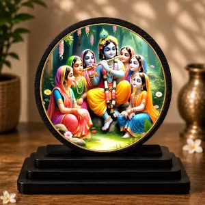 Premium Wooden Radha Krishna Showpiece For Car Dashboard & Office Table | 4 X 4.5 Inch Sublimation Printed Decorative Stand | 4 Mm MDF | Home Decor | Made In India (F33542)
