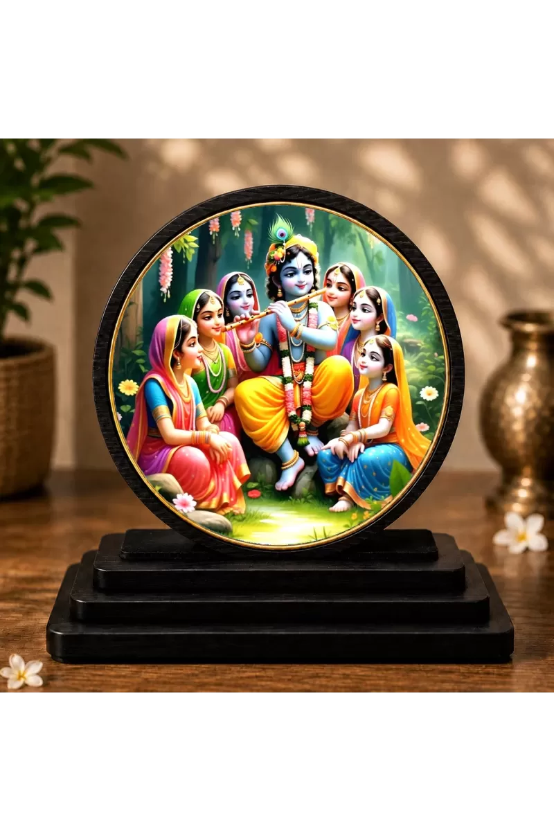 Premium Wooden Radha Krishna Showpiece For Car Dashboard & Office Table | 4 X 4.5 Inch Sublimation Printed Decorative Stand | 4 Mm MDF | Home Decor | Made In India (F33542)