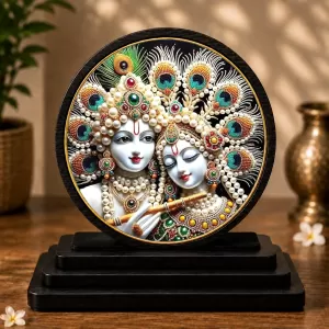 Premium Wooden Radhe Krishna Showpiece For Car Dashboard & Office Table | 4 X 4.5 Inch Sublimation Printed Decorative Stand | 4 Mm MDF | Home Decor | Made In India (F33544)