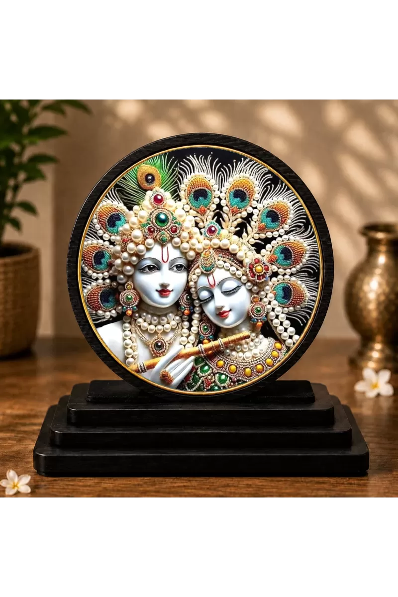 Premium Wooden Radhe Krishna Showpiece For Car Dashboard & Office Table | 4 X 4.5 Inch Sublimation Printed Decorative Stand | 4 Mm MDF | Home Decor | Made In India (F33544)