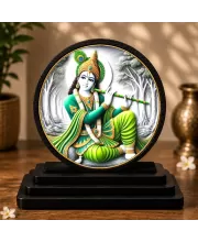 Premium Wooden Lord Krishna Showpiece For Car Dashboard & Office Table | 4 X 4.5 Inch Sublimation Printed Decorative Stand | 4 Mm MDF | Home Decor | Made In India (F33545)