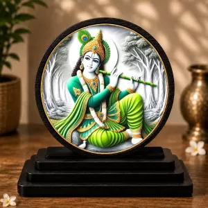 Premium Wooden Lord Krishna Showpiece For Car Dashboard & Office Table | 4 X 4.5 Inch Sublimation Printed Decorative Stand | 4 Mm MDF | Home Decor | Made In India (F33545)