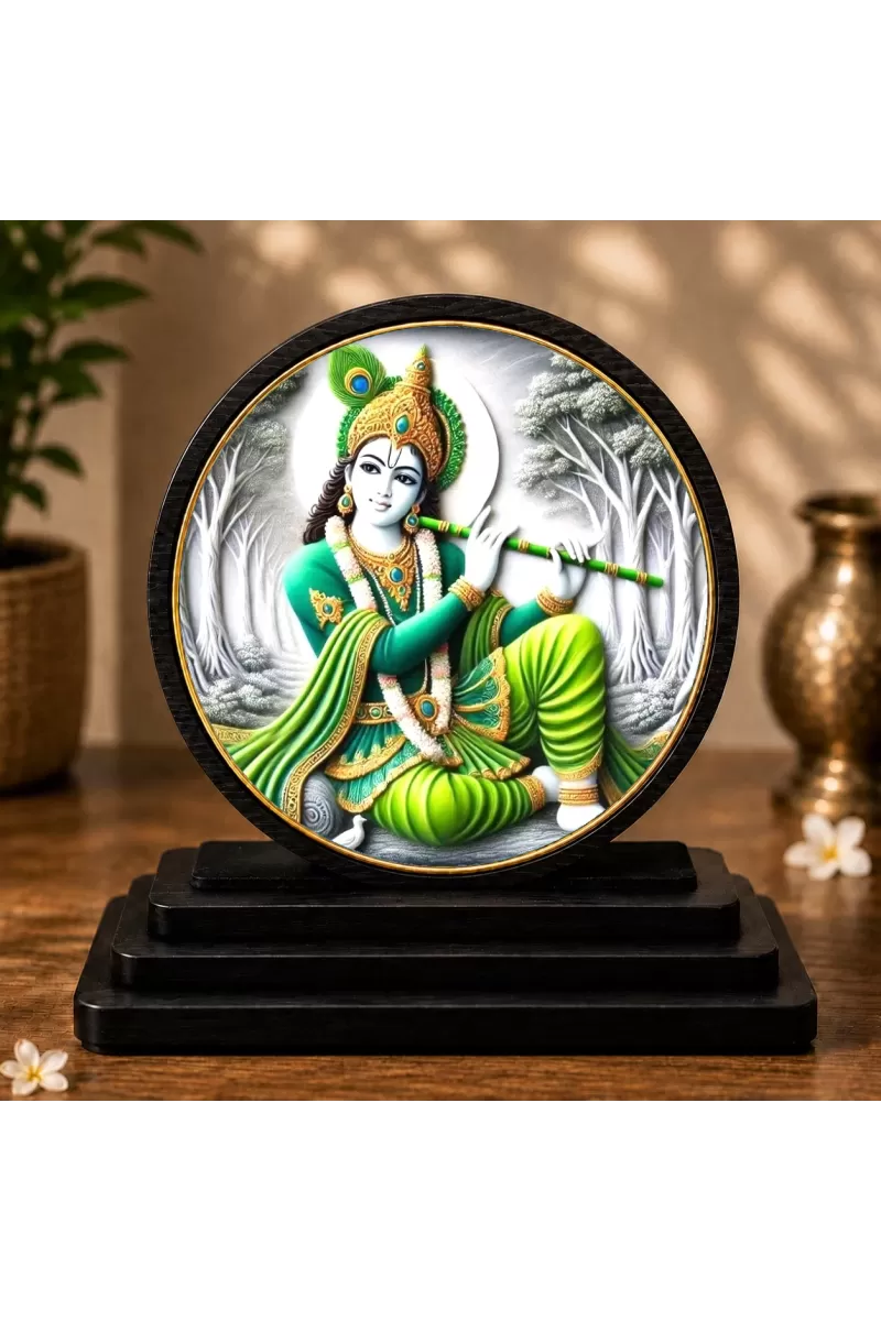 Premium Wooden Lord Krishna Showpiece For Car Dashboard & Office Table | 4 X 4.5 Inch Sublimation Printed Decorative Stand | 4 Mm MDF | Home Decor | Made In India (F33545)