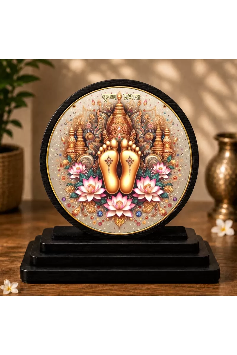 Premium Wooden Shree Krishna Lotus Feet Showpiece For Car Dashboard & Office Table | 4 X 4.5 Inch Sublimation Printed Decorative Stand | 4 Mm MDF | Home Decor | Made In India (F33546)