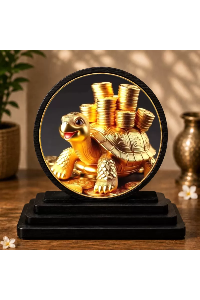 Premium Wooden  Golden Tortoise Showpiece For Car Dashboard & Office Table | 4 X 4.5 Inch Sublimation Printed Decorative Stand | 4 Mm MDF | Home Decor | Made In India (F33548)