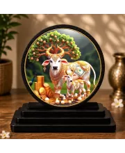 Premium Wooden Kamadhenu Cow And Calf Showpiece For Car Dashboard & Office Table | 4 X 4.5 Inch Sublimation Printed Decorative Stand | 4 Mm MDF | Home Decor | Made In India (F33549)