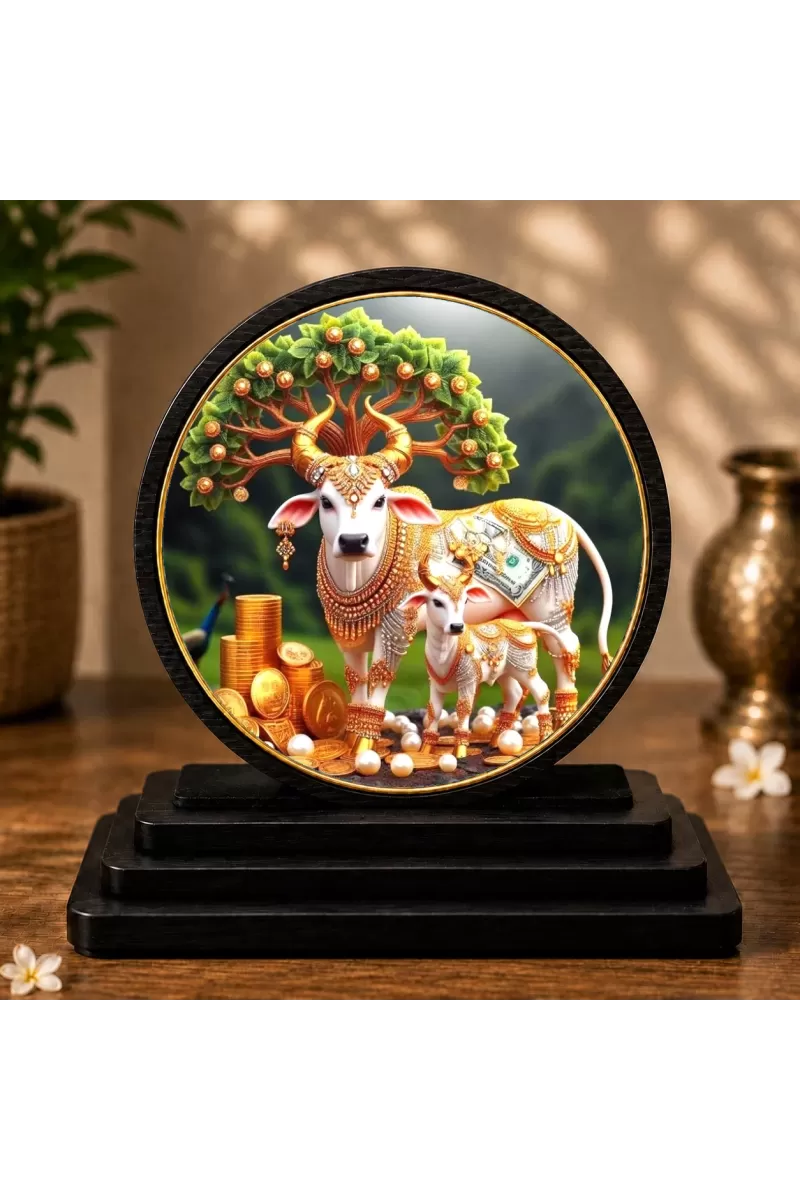 Premium Wooden Kamadhenu Cow And Calf Showpiece For Car Dashboard & Office Table | 4 X 4.5 Inch Sublimation Printed Decorative Stand | 4 Mm MDF | Home Decor | Made In India (F33549)