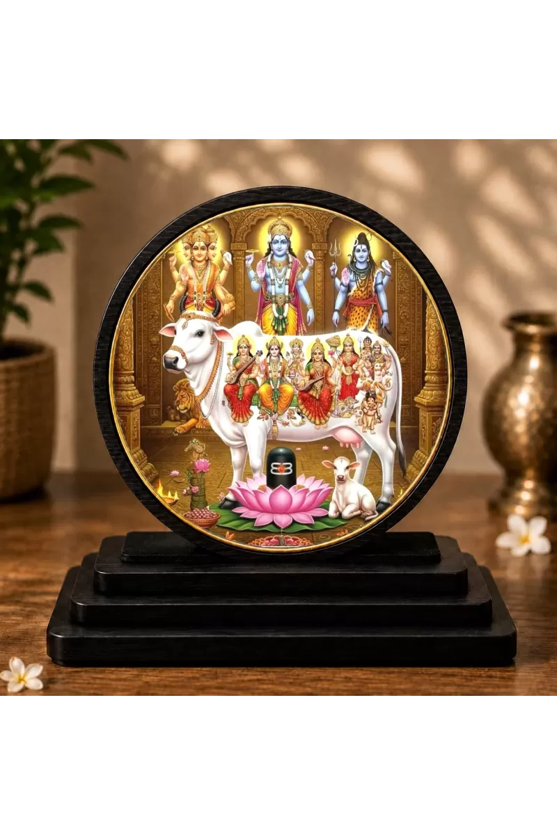 Premium Wooden Kamadhenu Cow   Showpiece For Car Dashboard & Office Table | 4 X 4.5 Inch Sublimation Printed Decorative Stand | 4 Mm MDF | Home Decor | Made In India (F33551)