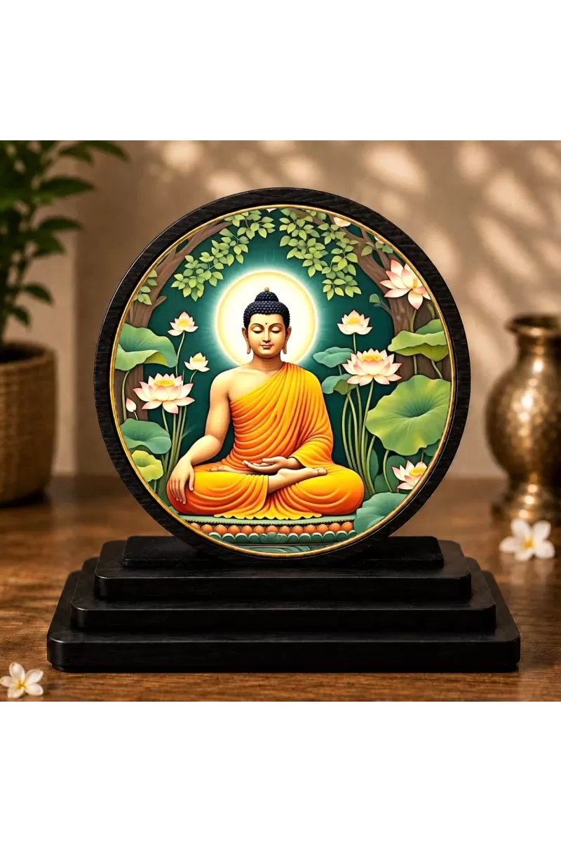Premium Wooden Gautam Buddha Showpiece For Car Dashboard & Office Table | 4 X 4.5 Inch Sublimation Printed Decorative Stand | 4 Mm MDF | Home Decor | Made In India (F33555)
