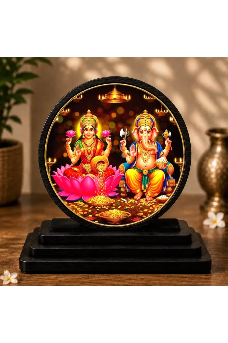 Premium Wooden Shri Laxmi Ganesha Showpiece For Car Dashboard & Office Table | 4 X 4.5 Inch Sublimation Printed Decorative Stand | 4 Mm MDF | Home Decor | Made In India (F33557)