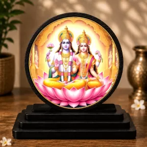 Premium Wooden Shri Lakshmi Narayan Showpiece For Car Dashboard & Office Table | 4 X 4.5 Inch Sublimation Printed Decorative Stand | 4 Mm MDF | Home Decor | Made In India (F33558)