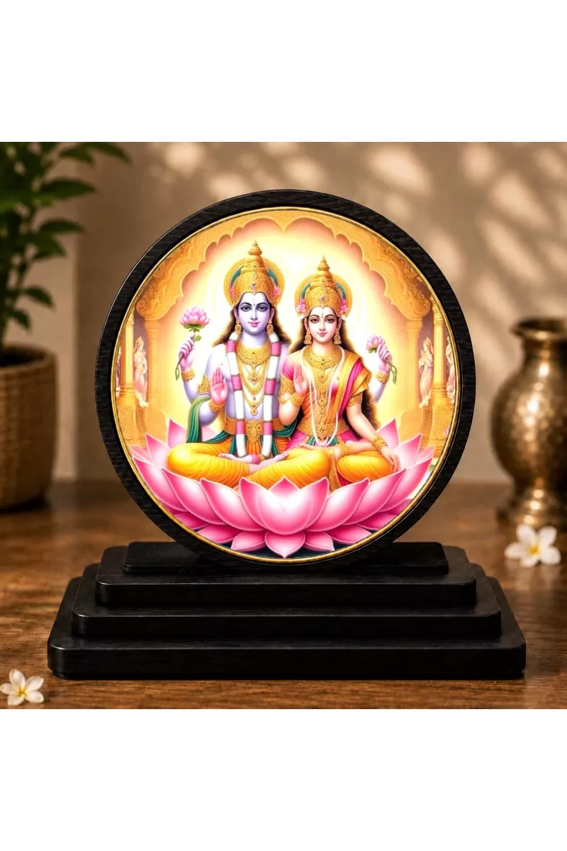 Premium Wooden Shri Lakshmi Narayan Showpiece For Car Dashboard & Office Table | 4 X 4.5 Inch Sublimation Printed Decorative Stand | 4 Mm MDF | Home Decor | Made In India (F33558)