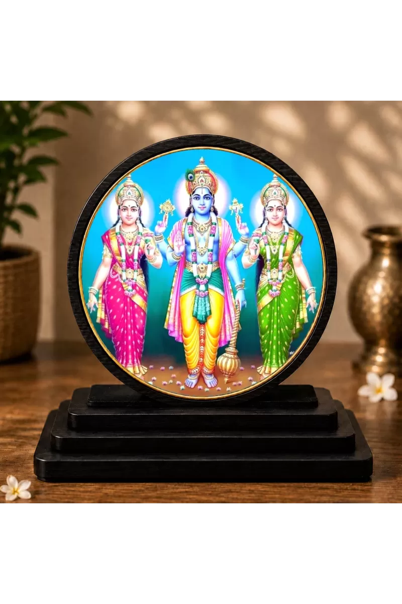 Premium Wooden  Lord Vishnu, Goddess Lakshmi And Bhudevi Showpiece For Car Dashboard & Office Table | 4 X 4.5 Inch Sublimation Printed Decorative Stand | 4 Mm MDF | Home Decor | Made In India (F33560)