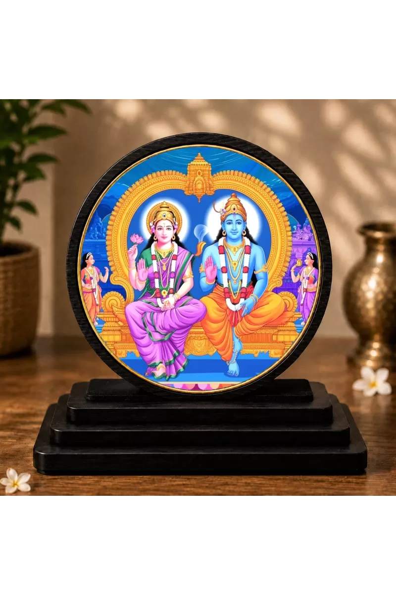 Premium Wooden Shri Laxmi Narayan  Showpiece For Car Dashboard & Office Table | 4 X 4.5 Inch Sublimation Printed Decorative Stand | 4 Mm MDF | Home Decor | Made In India (F33562)