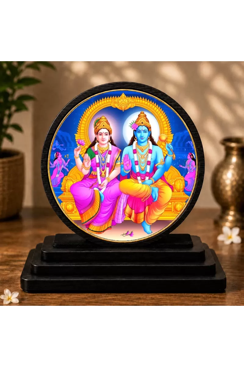 Premium Wooden Lord Vishnu And Goddess Lakshmi Showpiece For Car Dashboard & Office Table | 4 X 4.5 Inch Sublimation Printed Decorative Stand | 4 Mm MDF | Home Decor | Made In India (F33563)