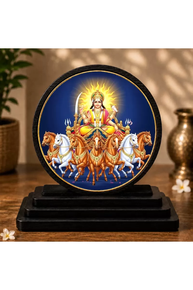 Premium Wooden Lord Surya Dev Showpiece For Car Dashboard & Office Table | 4 X 4.5 Inch Sublimation Printed Decorative Stand | 4 Mm MDF | Home Decor | Made In India (F33564)