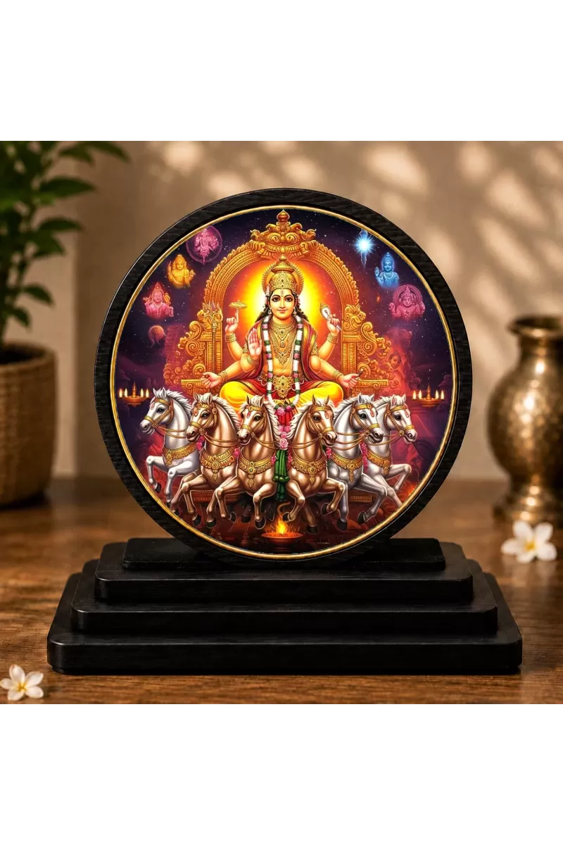 Premium Wooden Lord Surya Dev Showpiece For Car Dashboard & Office Table | 4 X 4.5 Inch Sublimation Printed Decorative Stand | 4 Mm MDF | Home Decor | Made In India (F33565)