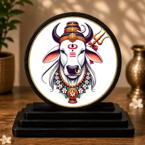 Premium Wooden  Nandi Maharaj Showpiece For Car Dashboard & Office Table | 4 X 4.5 Inch Sublimation Printed Decorative Stand | 4 Mm MDF | Home Decor | Made In India (F33568)