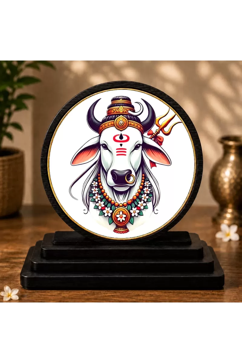 Premium Wooden  Nandi Maharaj Showpiece For Car Dashboard & Office Table | 4 X 4.5 Inch Sublimation Printed Decorative Stand | 4 Mm MDF | Home Decor | Made In India (F33568)