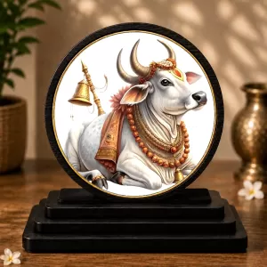 Premium Wooden  Nandi Maharaj Showpiece For Car Dashboard & Office Table | 4 X 4.5 Inch Sublimation Printed Decorative Stand | 4 Mm MDF | Home Decor | Made In India (F33569)