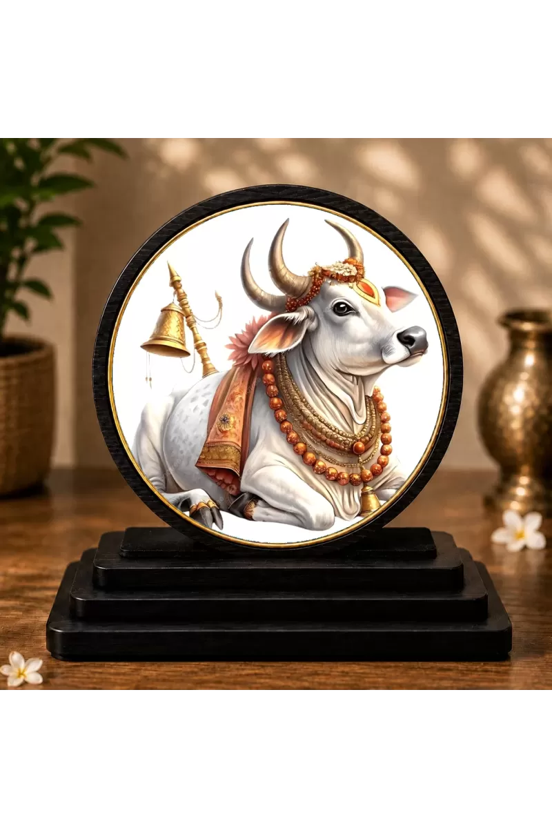 Premium Wooden  Nandi Maharaj Showpiece For Car Dashboard & Office Table | 4 X 4.5 Inch Sublimation Printed Decorative Stand | 4 Mm MDF | Home Decor | Made In India (F33569)
