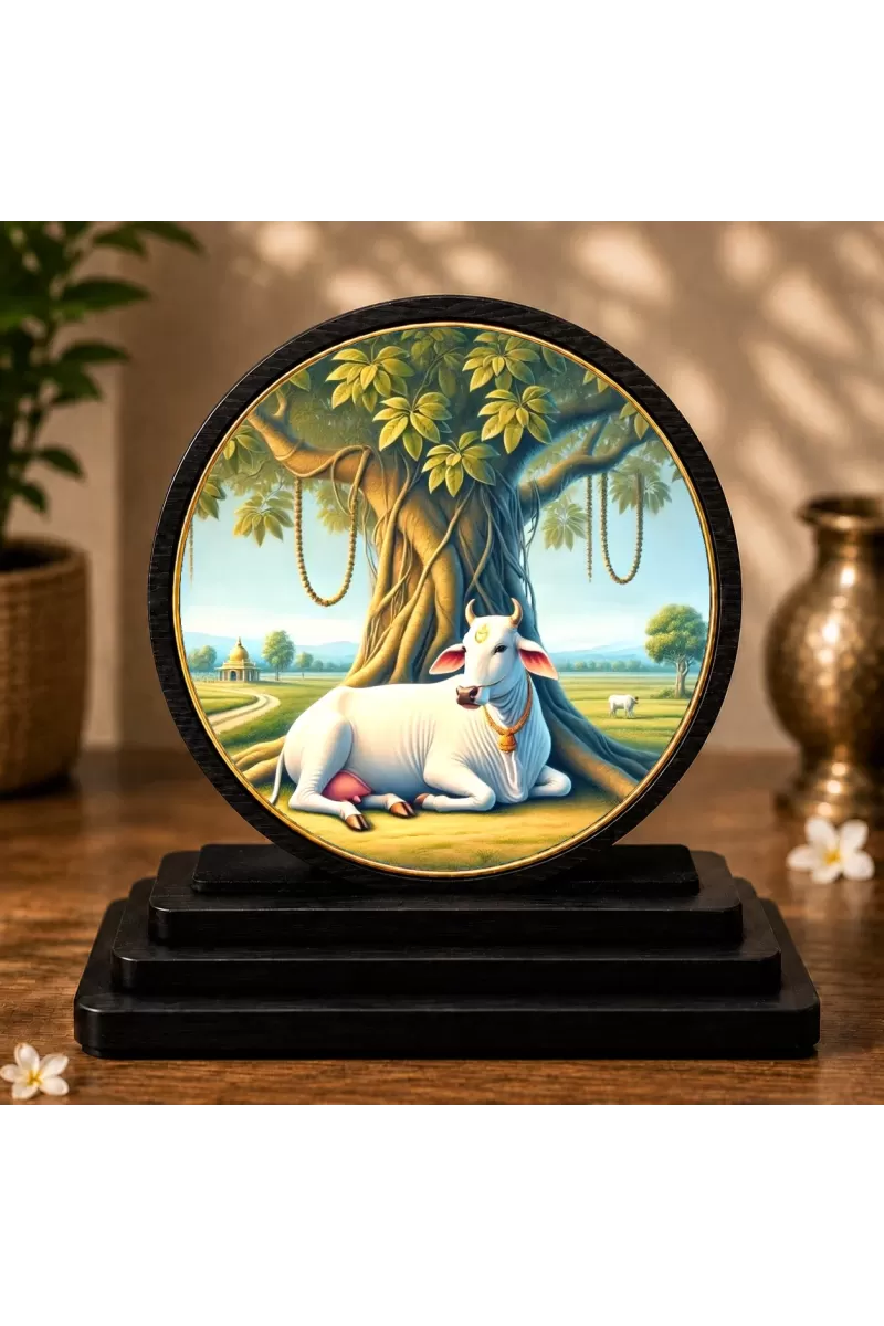 Premium Wooden Kamadhenu Cow Showpiece For Car Dashboard & Office Table | 4 X 4.5 Inch Sublimation Printed Decorative Stand | 4 Mm MDF | Home Decor | Made In India (F33570)