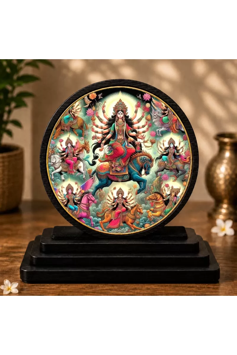 Premium Wooden  Navdurga Showpiece For Car Dashboard & Office Table | 4 X 4.5 Inch Sublimation Printed Decorative Stand | 4 Mm MDF | Home Decor | Made In India (F33575)