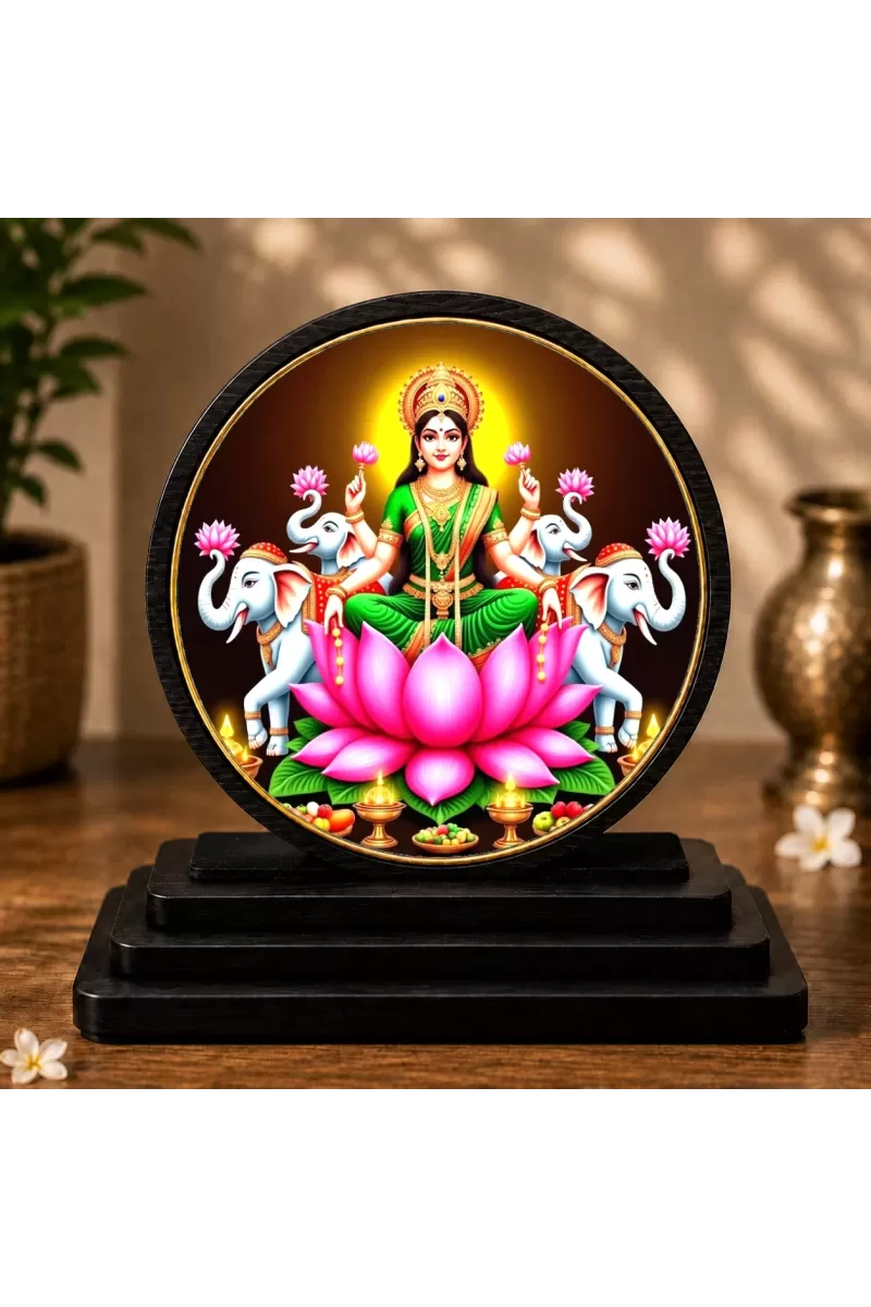 Premium Wooden Goddess Lakshmi Showpiece For Car Dashboard & Office Table | 4 X 4.5 Inch Sublimation Printed Decorative Stand | 4 Mm MDF | Home Decor | Made In India (F33576)