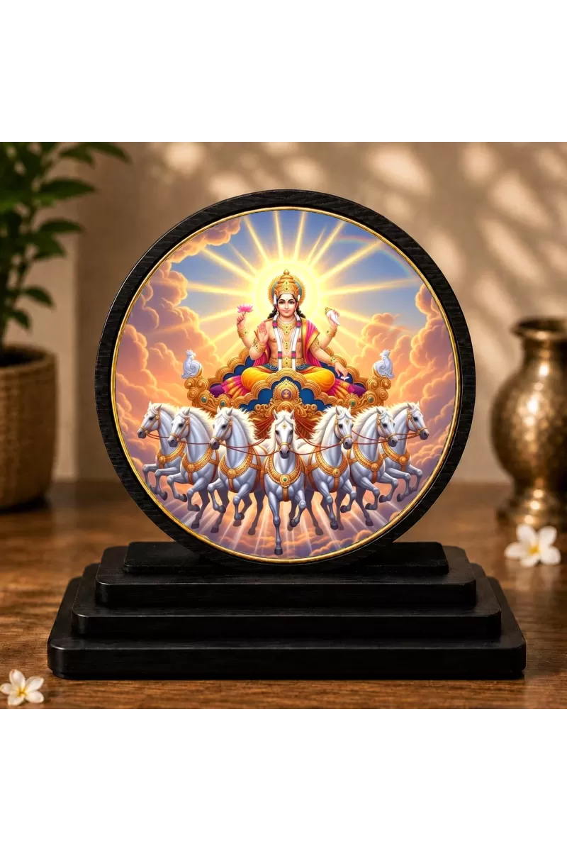 Premium Wooden Lord Surya Dev Showpiece For Car Dashboard & Office Table | 4 X 4.5 Inch Sublimation Printed Decorative Stand | 4 Mm MDF | Home Decor | Made In India (F33578)