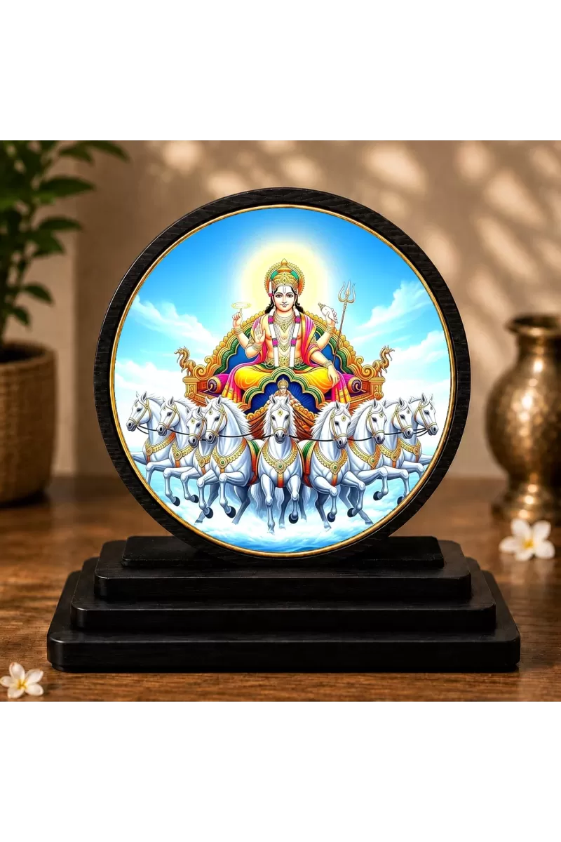 Premium Wooden  Lord Surya Dev Showpiece For Car Dashboard & Office Table | 4 X 4.5 Inch Sublimation Printed Decorative Stand | 4 Mm MDF | Home Decor | Made In India (F33579)