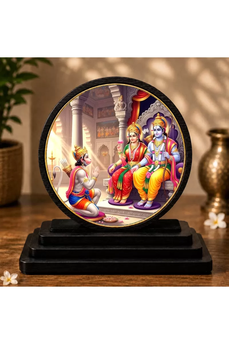 Premium Wooden Ram Darbar Showpiece For Car Dashboard & Office Table | 4 X 4.5 Inch Sublimation Printed Decorative Stand | 4 Mm MDF | Home Decor | Made In India (F33581)