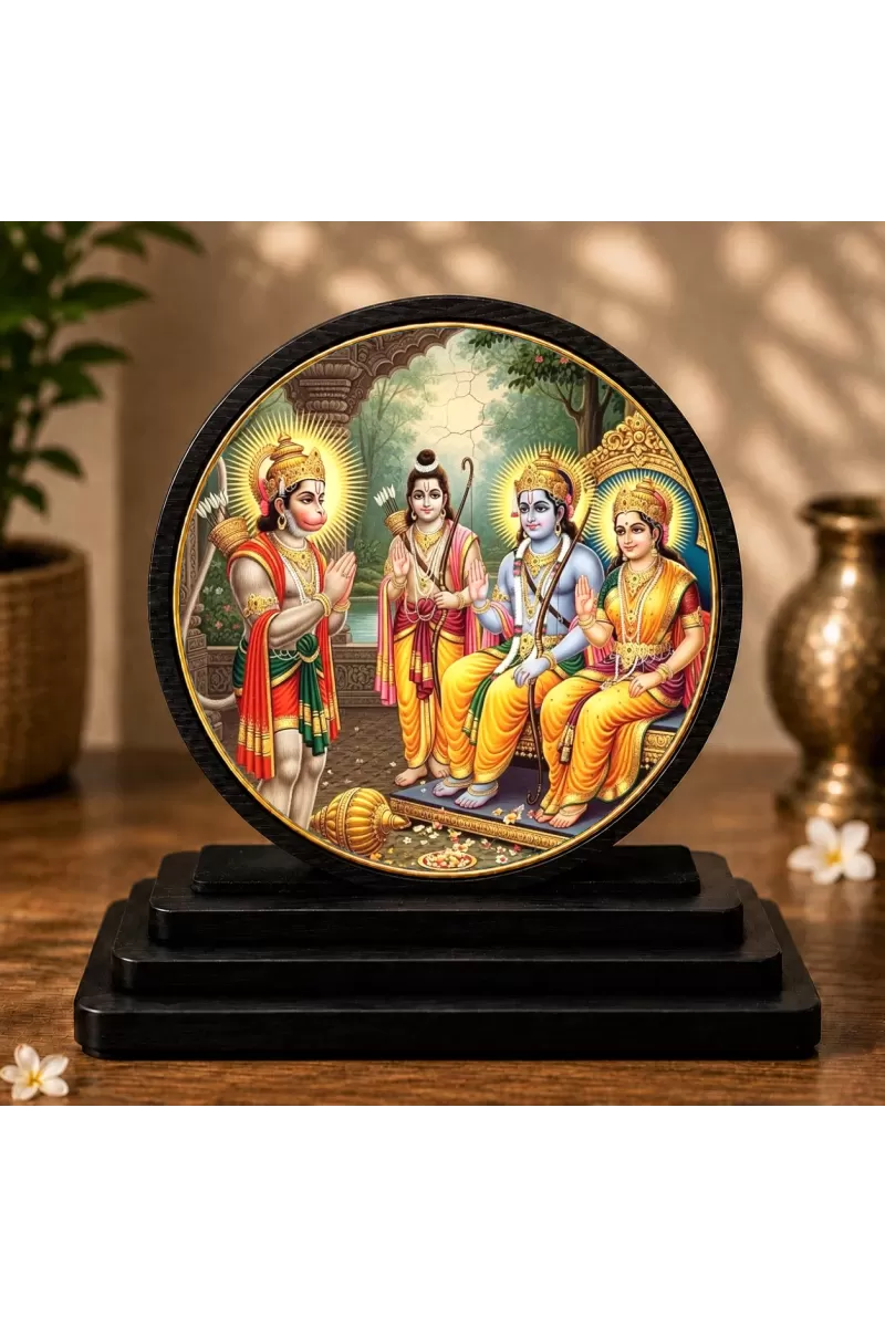Premium Wooden Ram Darbar Showpiece For Car Dashboard & Office Table | 4 X 4.5 Inch Sublimation Printed Decorative Stand | 4 Mm MDF | Home Decor | Made In India (F33582)