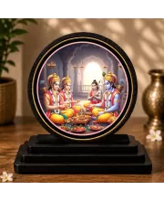 Premium Wooden Ram Darbar Showpiece For Car Dashboard & Office Table | 4 X 4.5 Inch Sublimation Printed Decorative Stand | 4 Mm MDF | Home Decor | Made In India (F33583)