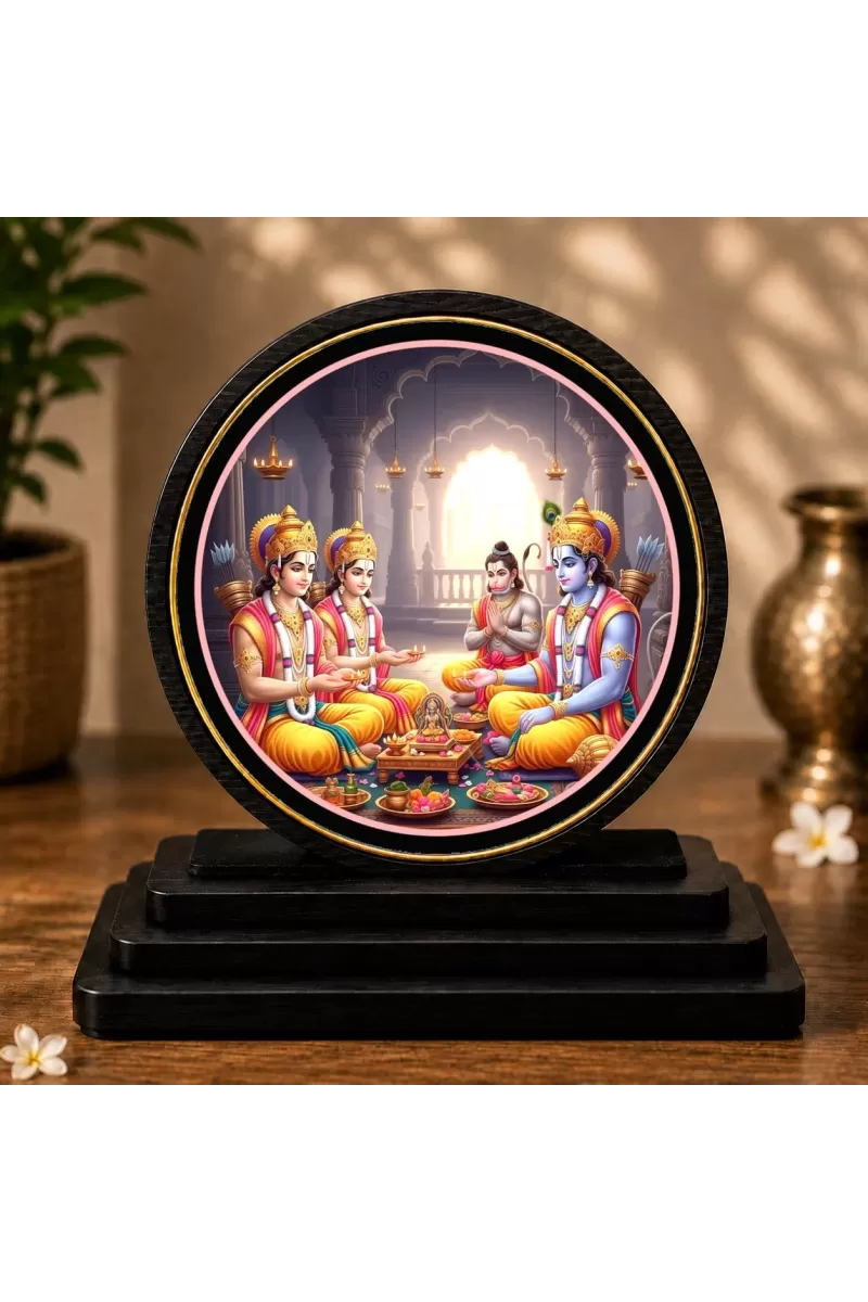 Premium Wooden Ram Darbar Showpiece For Car Dashboard & Office Table | 4 X 4.5 Inch Sublimation Printed Decorative Stand | 4 Mm MDF | Home Decor | Made In India (F33583)
