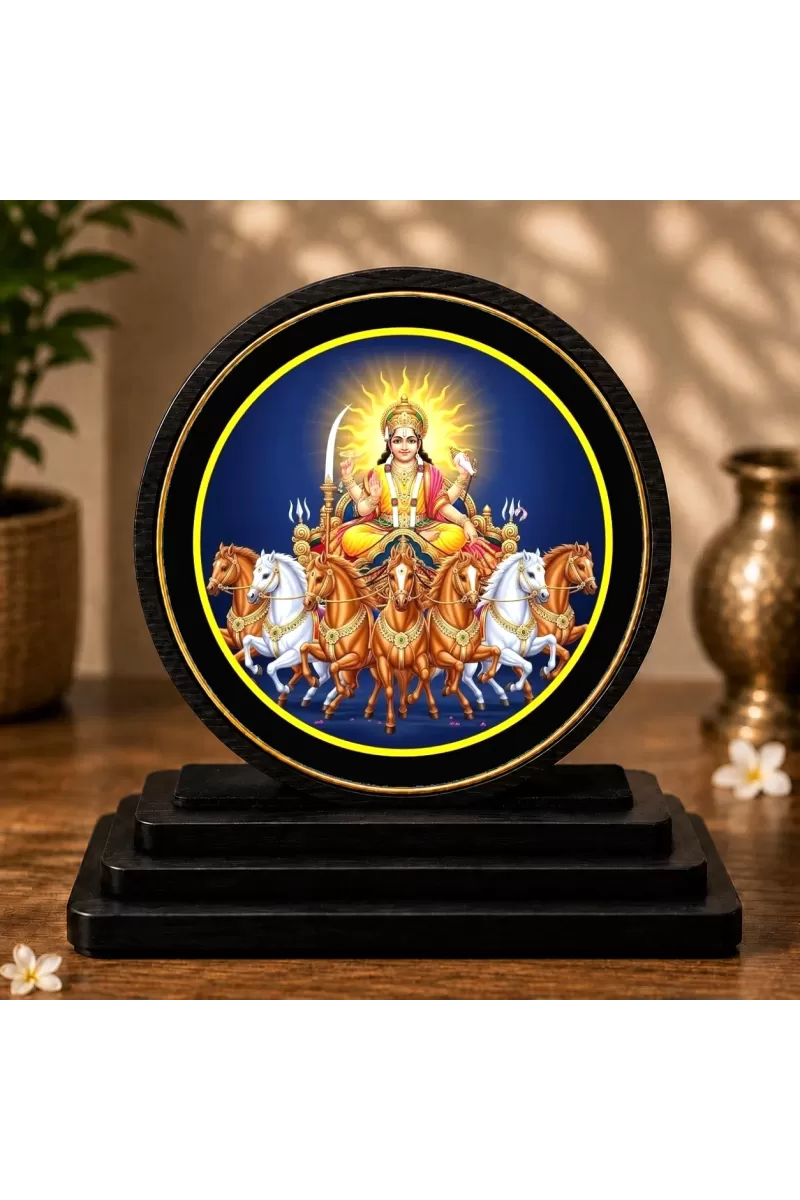 Premium Wooden Lord Surya Dev Showpiece For Car Dashboard & Office Table | 4 X 4.5 Inch Sublimation Printed Decorative Stand | 4 Mm MDF | Home Decor | Made In India (F33584)