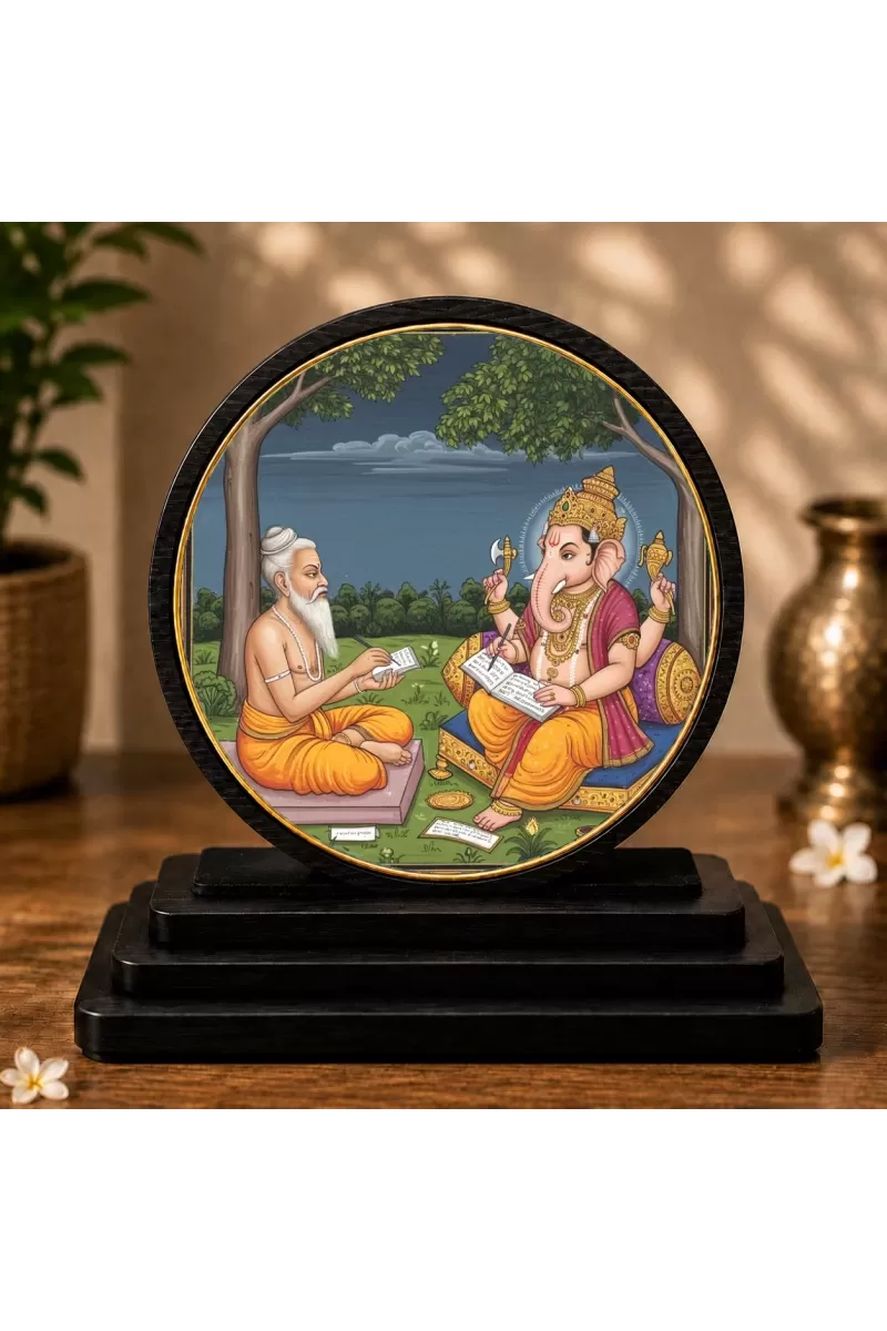 Premium Wooden Ved Vyasa & Ganesha Writing Mahabharata  Showpiece For Car Dashboard & Office Table | 4 X 4.5 Inch Sublimation Printed Decorative Stand | 4 Mm MDF | Home Decor | Made In India (F33585)