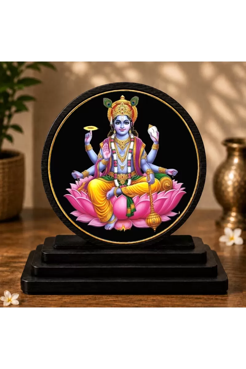 Premium Wooden Lord Vishnu Showpiece For Car Dashboard & Office Table | 4 X 4.5 Inch Sublimation Printed Decorative Stand | 4 Mm MDF | Home Decor | Made In India (F33589)