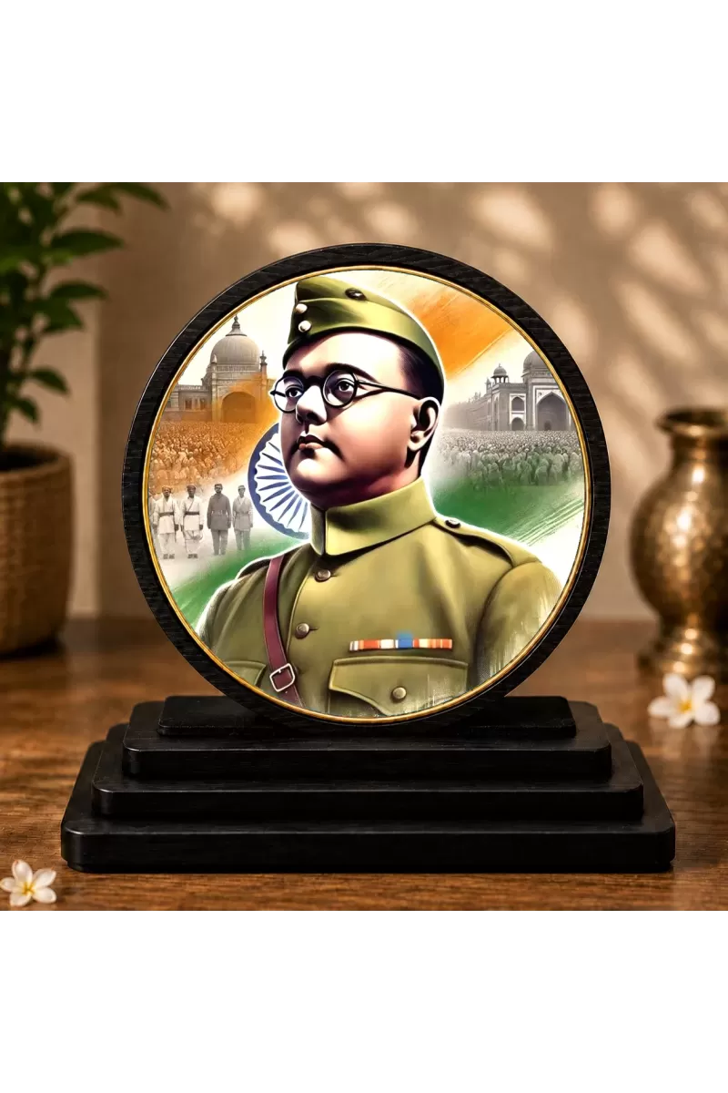 Premium Wooden Netaji Subhas Chandra Bose  Showpiece For Car Dashboard & Office Table | 4 X 4.5 Inch Sublimation Printed Decorative Stand | 4 Mm MDF | Home Decor | Made In India (F33590)