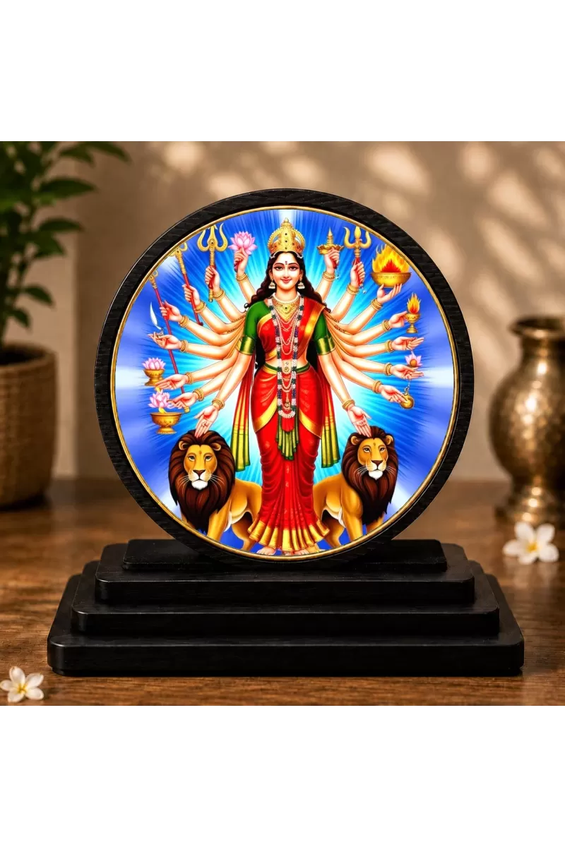 Premium Wooden  Maa Durga Showpiece For Car Dashboard & Office Table | 4 X 4.5 Inch Sublimation Printed Decorative Stand | 4 Mm MDF | Home Decor | Made In India (F33596)