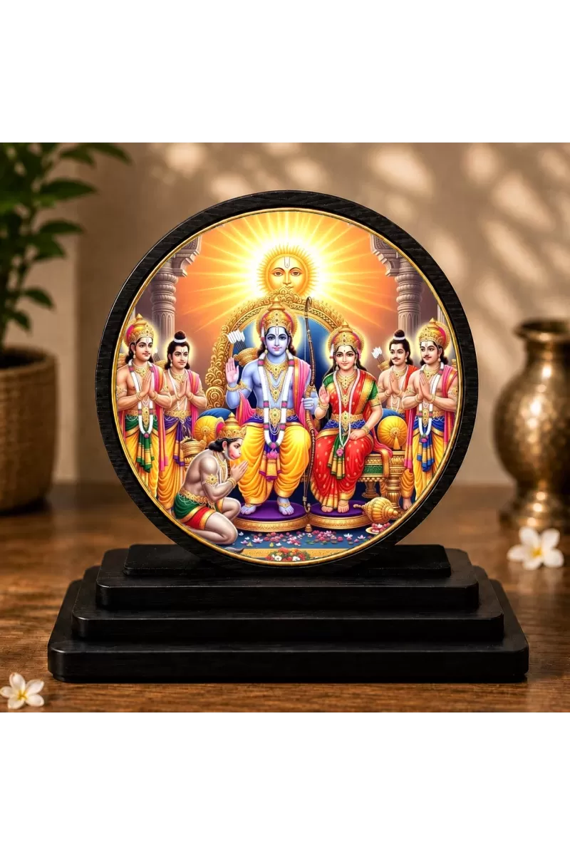 Premium Wooden  Ram Darbar Showpiece For Car Dashboard & Office Table | 4 X 4.5 Inch Sublimation Printed Decorative Stand | 4 Mm MDF | Home Decor | Made In India (F33597)