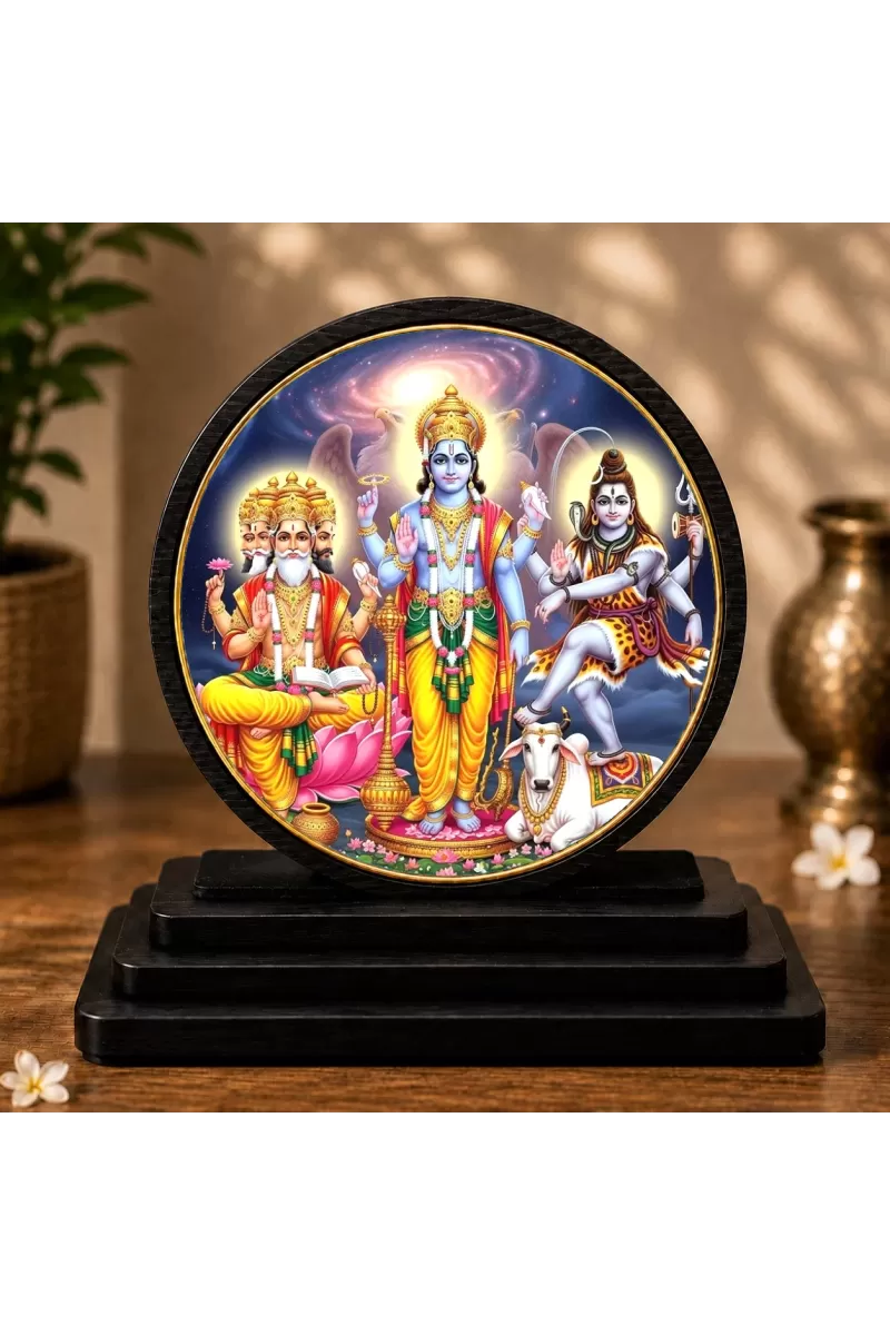 Premium Wooden Lord Brahma, Vishnu, Mahesh  Showpiece For Car Dashboard & Office Table | 4 X 4.5 Inch Sublimation Printed Decorative Stand | 4 Mm MDF | Home Decor | Made In India (F33599)