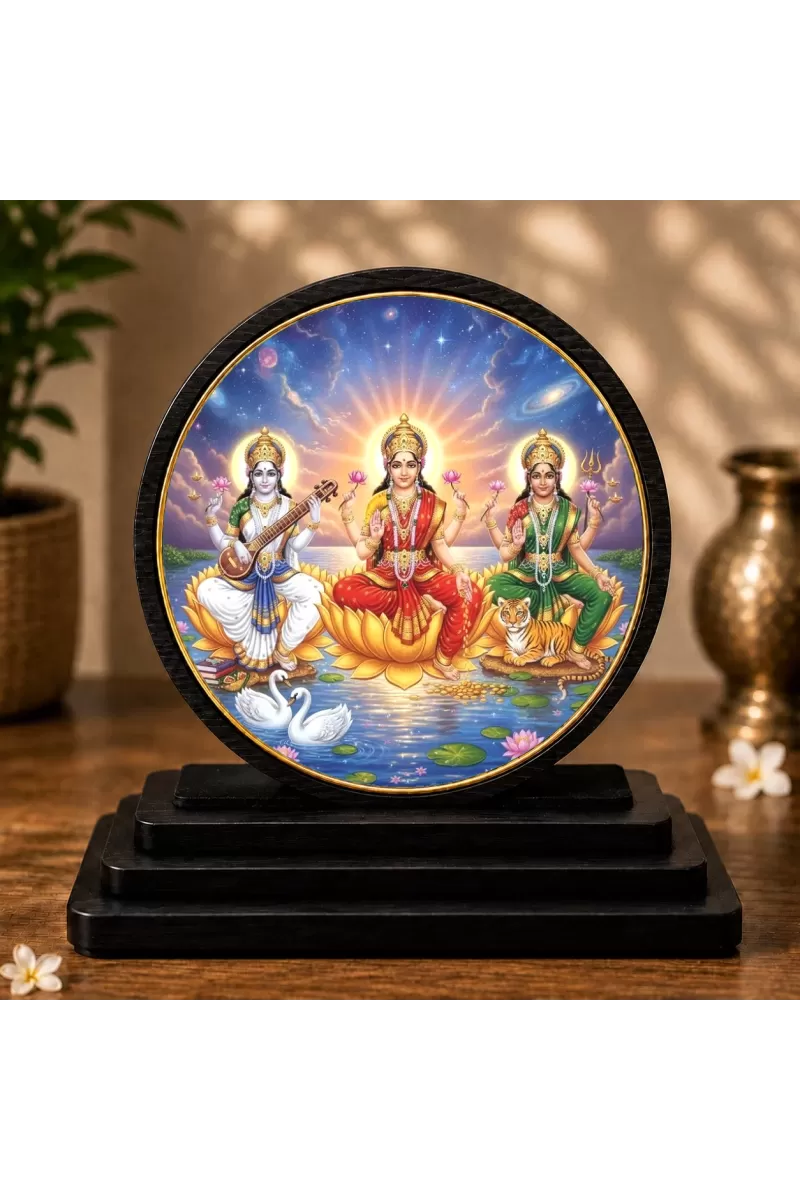 Premium Wooden Goddess Lakshmi, Saraswati, Durga Showpiece For Car Dashboard & Office Table | 4 X 4.5 Inch Sublimation Printed Decorative Stand | 4 Mm MDF | Home Decor | Made In India (F33600)