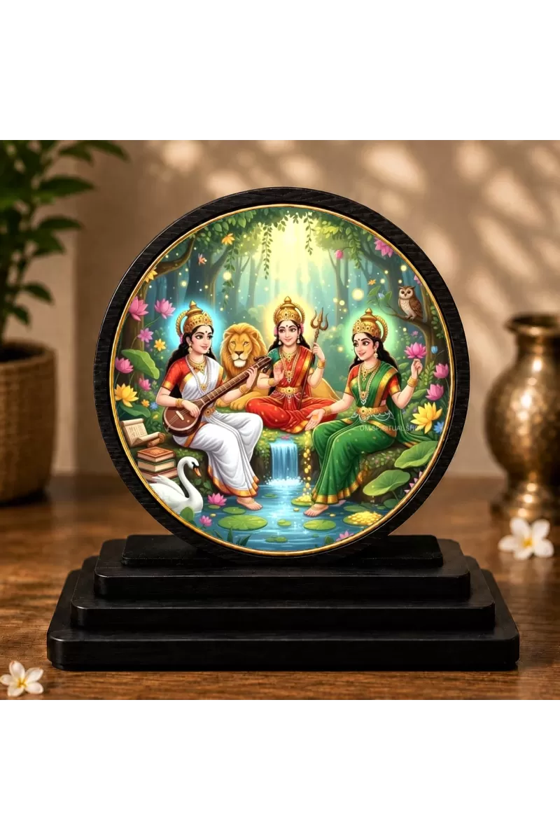 Premium Wooden Goddess Lakshmi, Saraswati, Durga Showpiece For Car Dashboard & Office Table | 4 X 4.5 Inch Sublimation Printed Decorative Stand | 4 Mm MDF | Home Decor | Made In India (F33601)