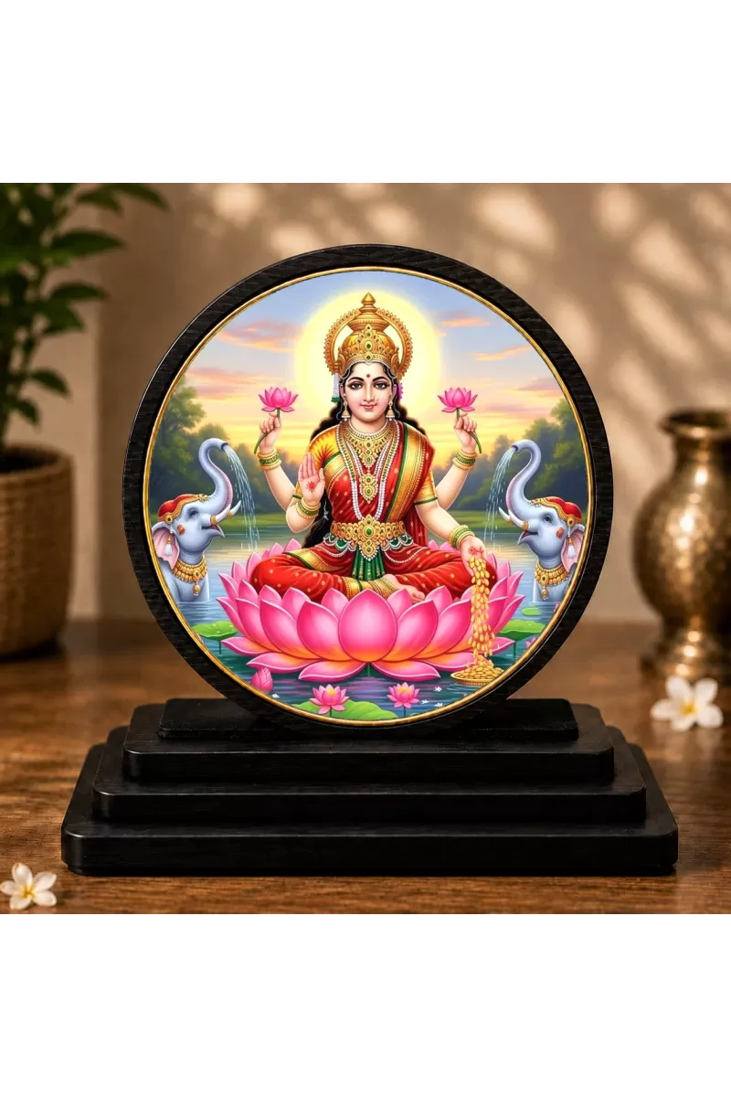 Premium Wooden Goddess Lakshmi Showpiece For Car Dashboard & Office Table | 4 X 4.5 Inch Sublimation Printed Decorative Stand | 4 Mm MDF | Home Decor | Made In India (F33602)