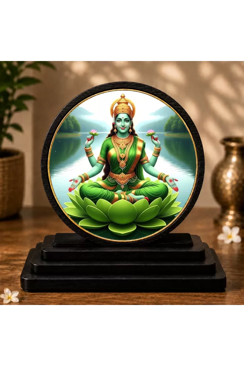 Premium Wooden Goddess Lakshmi  Showpiece For Car Dashboard & Office Table | 4 X 4.5 Inch Sublimation Printed Decorative Stand | 4 Mm MDF | Home Decor | Made In India (F33604)
