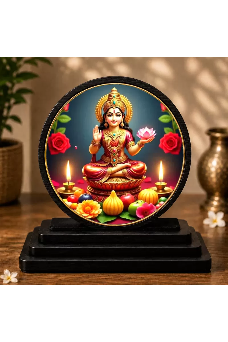 Premium Wooden  Goddess Lakshmi  Showpiece For Car Dashboard & Office Table | 4 X 4.5 Inch Sublimation Printed Decorative Stand | 4 Mm MDF | Home Decor | Made In India (F33609)